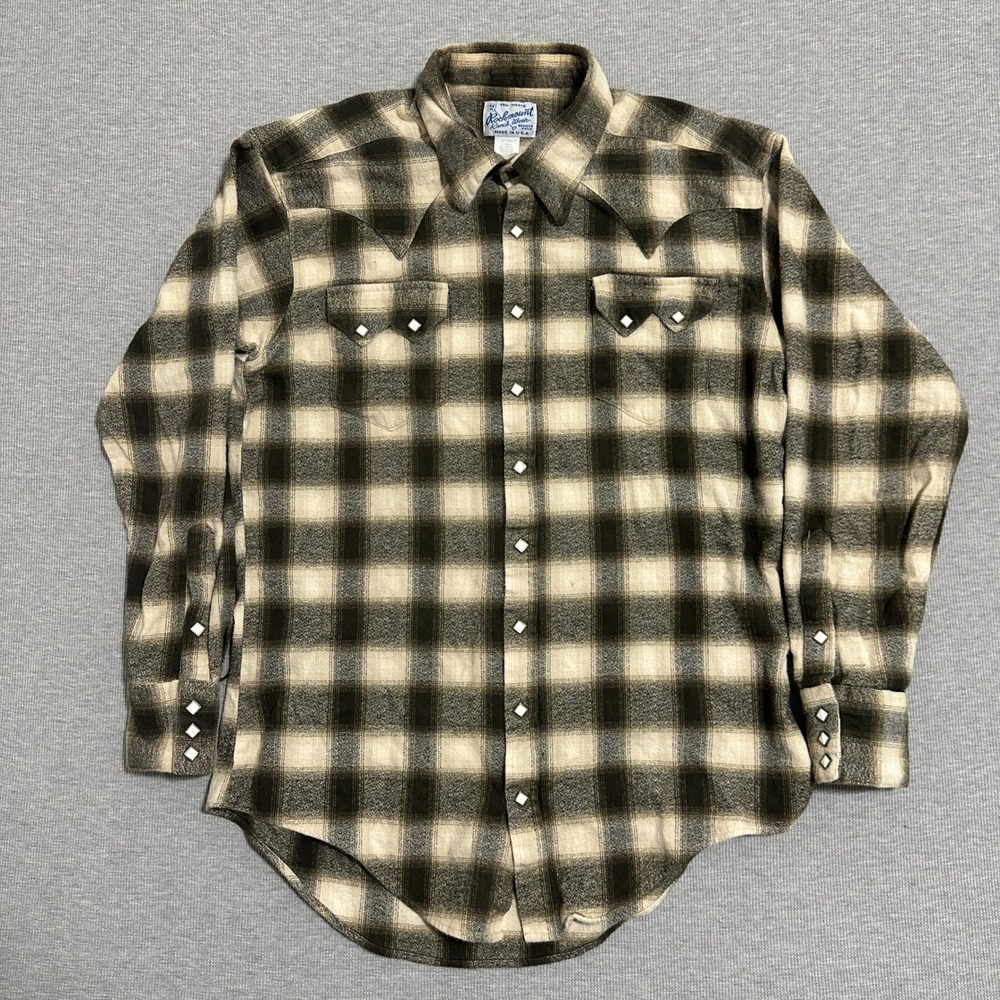 Rockmount Ranch Wear Pearl Snap Western Shirt Olive Green Plaid Mens Size Large